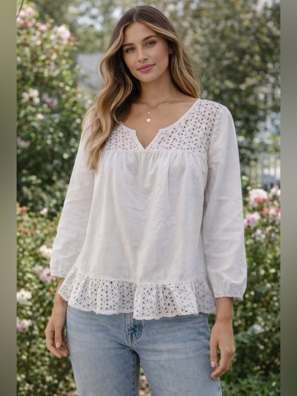 Grand & Greene White Eyelet Blouse Boho Peasant Top Cottagecore Small